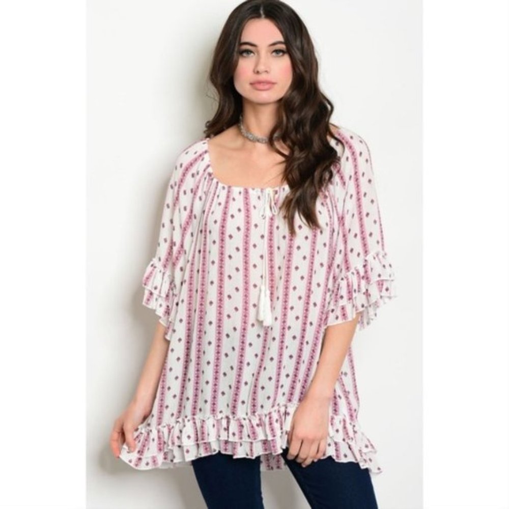 Printed Flowy Short Sleeve Top With Ruffle Detail